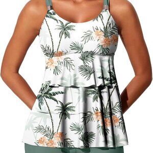 Elegant Women's Ruffled Tankini with Shorts - Tummy Control Size 14 Green